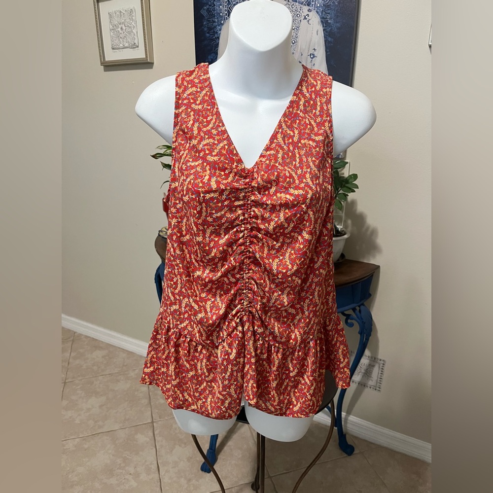 Pleione Floral Ruched Ruffle Tank Top - S